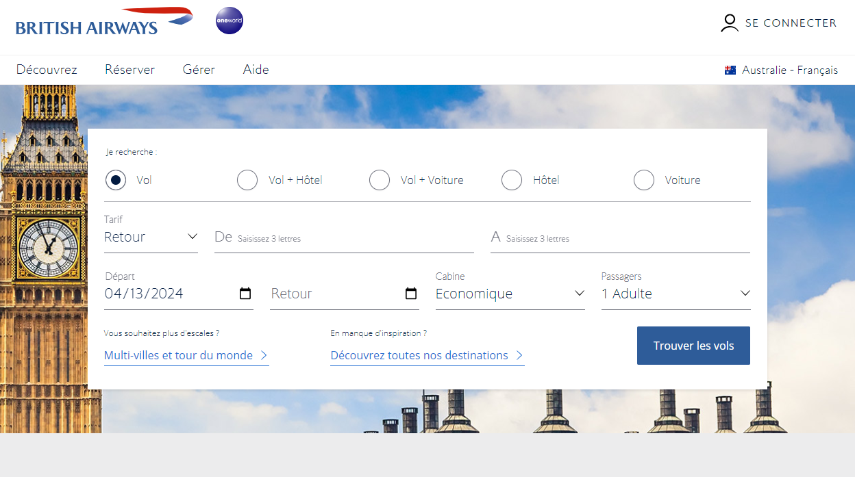 Traduction de la landing page de British Airways