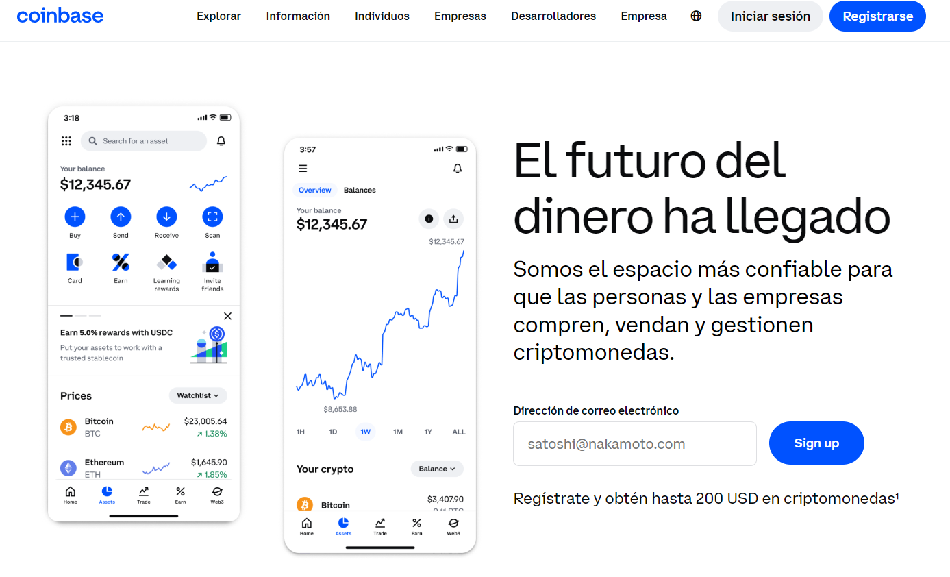 Page d’accueil de Coinbase en espagnol